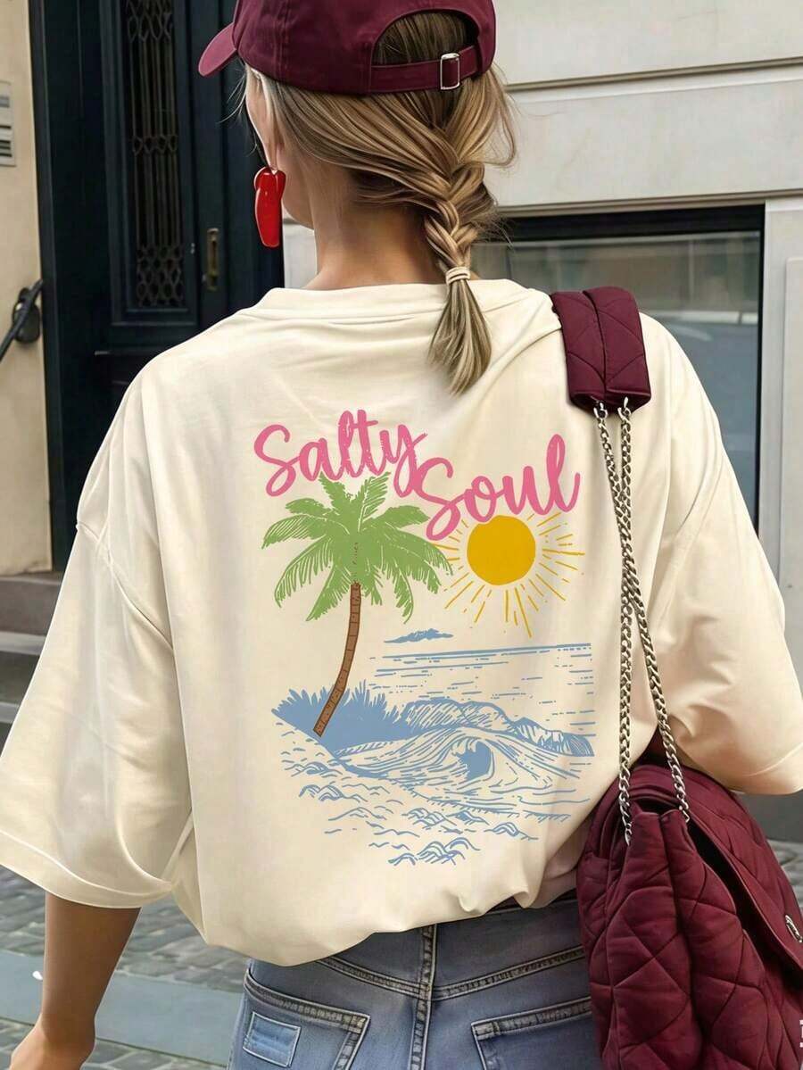 SALTY SOUL Women's Short Sleeve Crew Neck T-Shirt With Tree And Sun Print, Casual Style, Perfect For Beach Vacations, Spring/Summer, Fashionable And Your Everyday Essential For Your Holidays. Women's Holiday Graphic T-Shirt - 杏子 4 - 查看 1