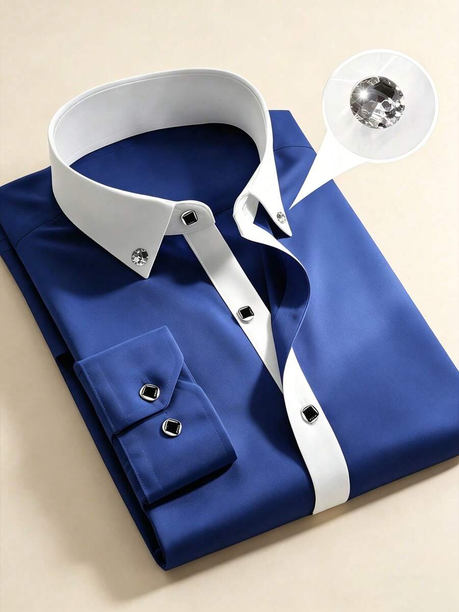 2026 Spring Men's Navy Blue Long Sleeve Shirt, White Contrast Collar & Placket, Business/Casual Wear