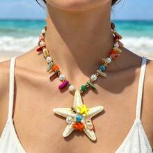 Seaside Vacation Colored Starfish Pendant Beaded Necklace, Long Stylish Ornament For Women - Hồng - Xem 2