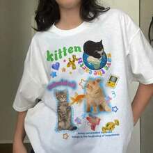 1 pieza, envío gratis, camiseta divertida de gato Y2K, camiseta con meme de gato Kawaii Kidcore de los 90, camisetas gráficas unisex, ropa estilo gótico grunge Y2k Emo Scene Amity para hombres y mujeres, ropa de calle, ropa para conciertos 2026, ropa para vacaciones en la playa para mujer, ropa linda, 180g 100% algodón. - Blanco - Ver 1