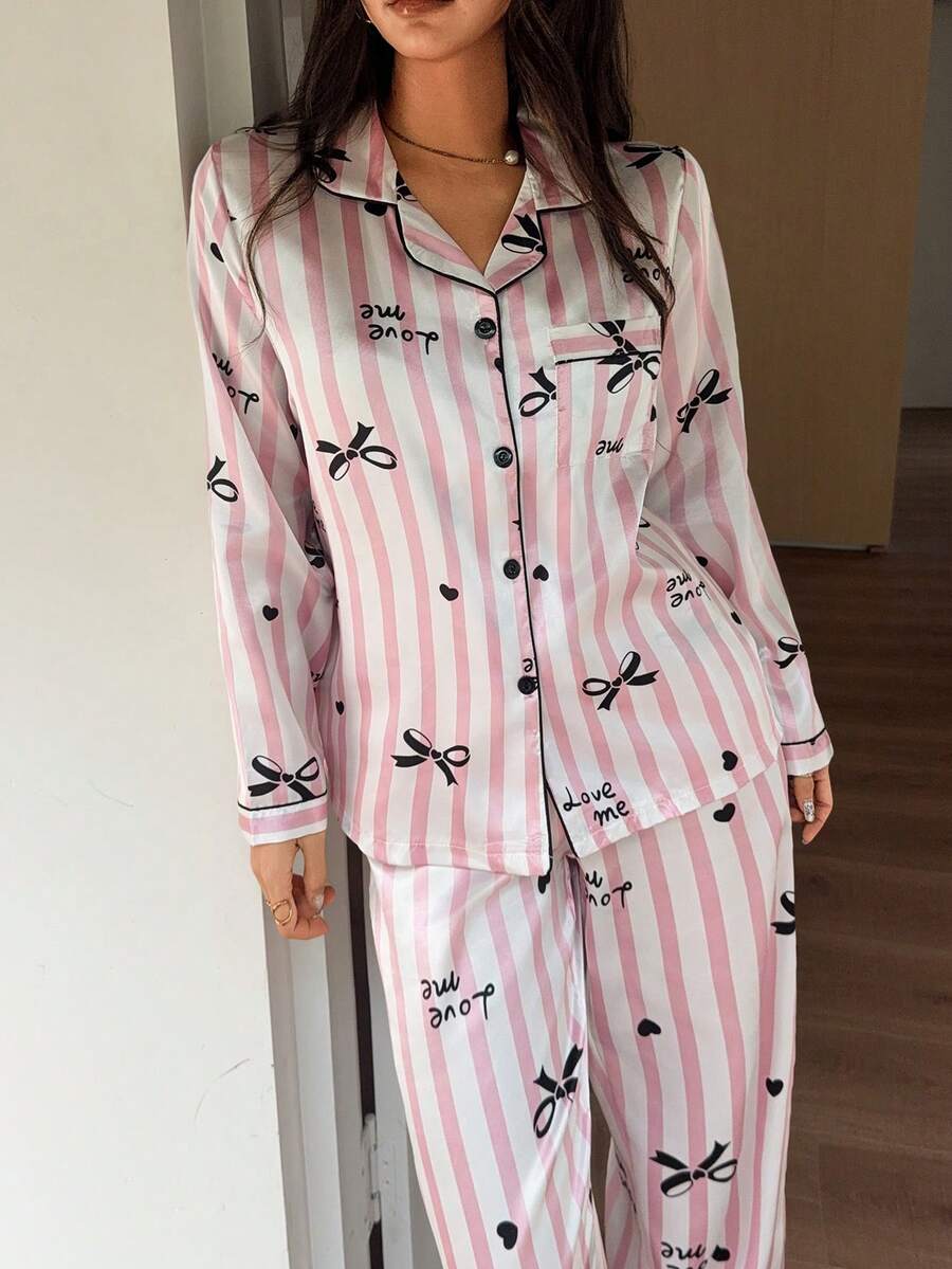 女款緞面甜美條紋蝴蝶結印花鈕扣開襟領口袋四季長袖長褲睡衣家居服套裝 - 粉色 - 查看 1