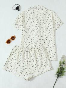 2pcs/Set Comfortable Ditsy Floral Short Sleeve Polo Collar Top And Bow Shorts Pajama Set For Women, Spring/Summer - Apricot - View 2