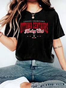 T-shirt d'été pour femme, col rond, coupe ajustée, imprimé recto-verso, motif Sagittaire, hockey sur glace, Rozanov n° 81, printemps/été. - Noir - Voir 2