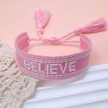 1pc Handmade Adjustable "BELIEVE" Embroidered Bracelet, Vintage Minimalist Style Inspirational Gift For Family And Friends - Baby Pink - View 3