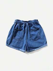 Shorts en mezclilla de cintura con volante bajo de doblez - Gris - Ver 7