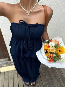 Conjunto informal de camiseta de tirantes y pantalones de algodón tejido azul marino para mujer - Burdeos - Ver 4