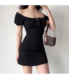 Minivestido Sexy de verano para mujer, vestido negro ajustado de manga corta con cordones, informal, sin espalda, con pliegues, vestidos elegantes de corte a para fiesta - Negro - Ver 2