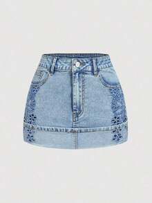 Minifalda de mezclilla lavada y desgastada de estilo casual para mujer, para el verano - Azul 5 - Ver 1