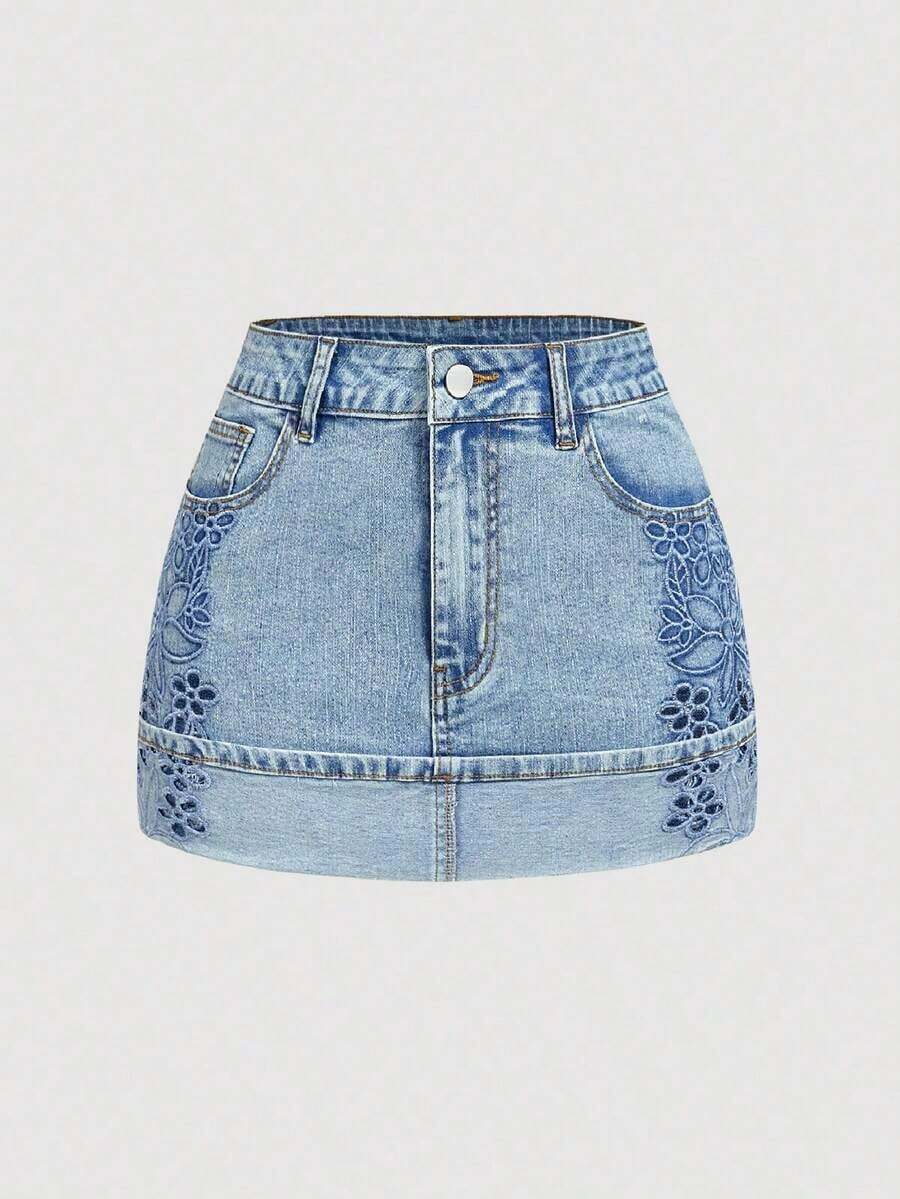 Minifalda de mezclilla lavada y desgastada de estilo casual para mujer, para el verano - Azul 5 - Ver 1