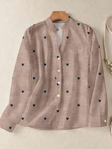 Camisa de mujer de manga larga con botones y bolsillos, con estampado romántico de corazones, adecuada para otoño, invierno y primavera - Café integral - Ver 3