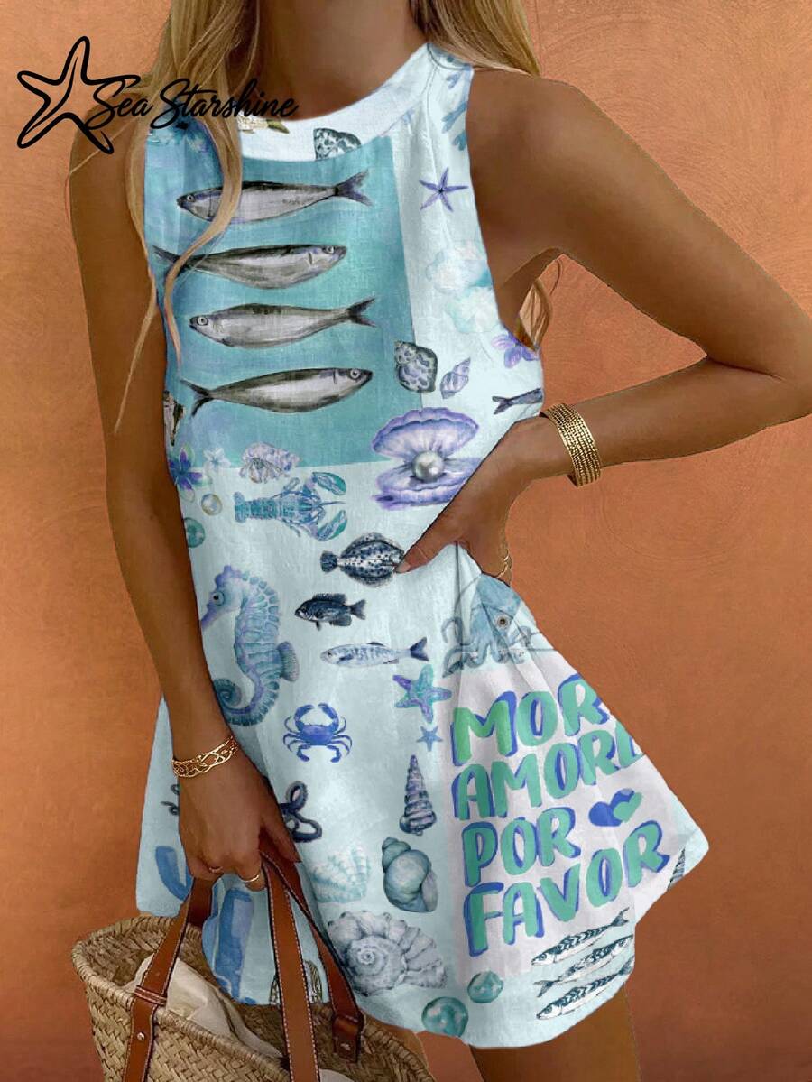 Sea Starshine Spring/Summer Women's Fashion: Resort & Casual Style | Tropical Sardine Print | Vibrant Underwater World | Dress With Alphabet Print - Blue - View 1