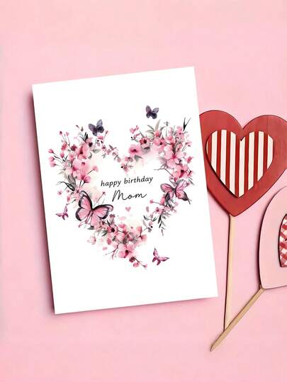 1pc "Happy Birthday Mom" Floral Butterfly Birthday Card With Envelope, Heart Flower Greeting For Mother Grandma, Blank Inside