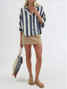 Relaxed Fit Striped Button-Down Shirt Carnation Pink - Blue - View 6
