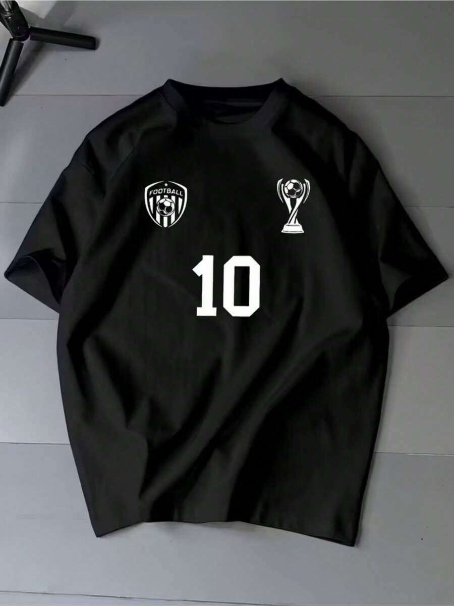Men's Summer Football Top, Size 10, Crew Neck T-Shirt | Loose And Comfortable, Breathable, Casual Style, Suitable For Summer, Crew Neck, Slightly Elastic Material, With Print And Patch Details, Cotton T-Shirt. - Black - View 1