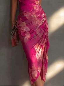 2026 New Arrival Hot Pink Floral Halter Neck Midi Dress, Ruched Bodycon High Slit Sleeveless Party & Date Night Outfit - 玫紅色 - 查看 3