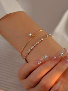 Set de 2 piezas Pulsera versátil minimalista con brillantes y colgante con forma de corazón, set de pulseras apilables para mujeres, adecuado como regalo - Amarillo Oro - Ver 2