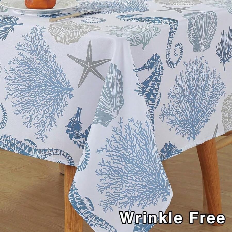 152 X 210cm Rectangular Waterproof Ocean Themed Tablecloth, Washable Nautical Coastal Starfish Blue Beach Tablecloth For Party Picnic Outdoor Use - Multicolor - View 1
