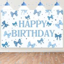 1 Piece Of Blue Bow Birthday Background Fabric, Featuring A Blue Bow And A "Happy Birthday" Design. Suitable For Birthdays, Weddings, Anniversaries, And Bachelor Parties. Very Suitable As A Cake Table Decoration, Home Living Room And Bedroom Decoration. Offering A Variety Of Sizes, It Is Perfect As A Prop For Women's Birthday Photography. - Multicolor - View 1