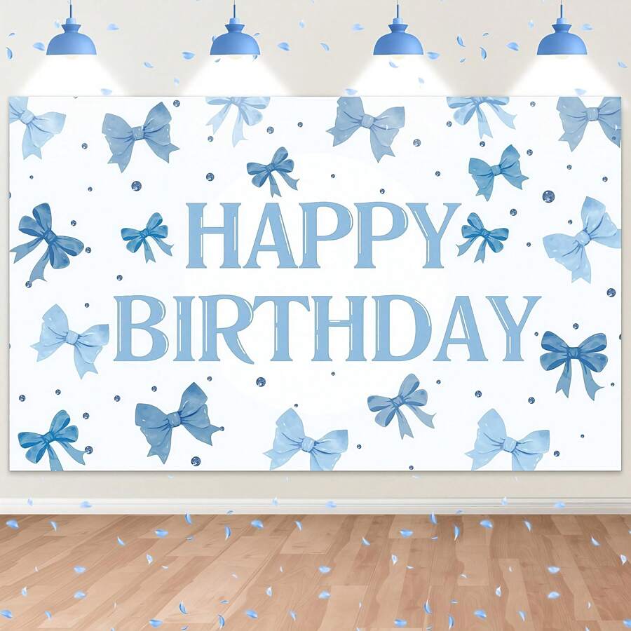 1 Piece Of Blue Bow Birthday Background Fabric, Featuring A Blue Bow And A "Happy Birthday" Design. Suitable For Birthdays, Weddings, Anniversaries, And Bachelor Parties. Very Suitable As A Cake Table Decoration, Home Living Room And Bedroom Decoration. Offering A Variety Of Sizes, It Is Perfect As A Prop For Women's Birthday Photography. - Multicolor - View 1