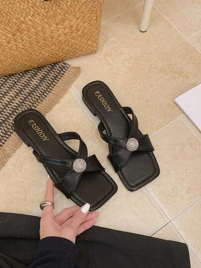 1 Pair Women's Black & Pink Block Heel Low Chunky Heel Sandals, Casual Elegant Style, Comfortable Spring/Summer Fashion Versatile Slide Sandals