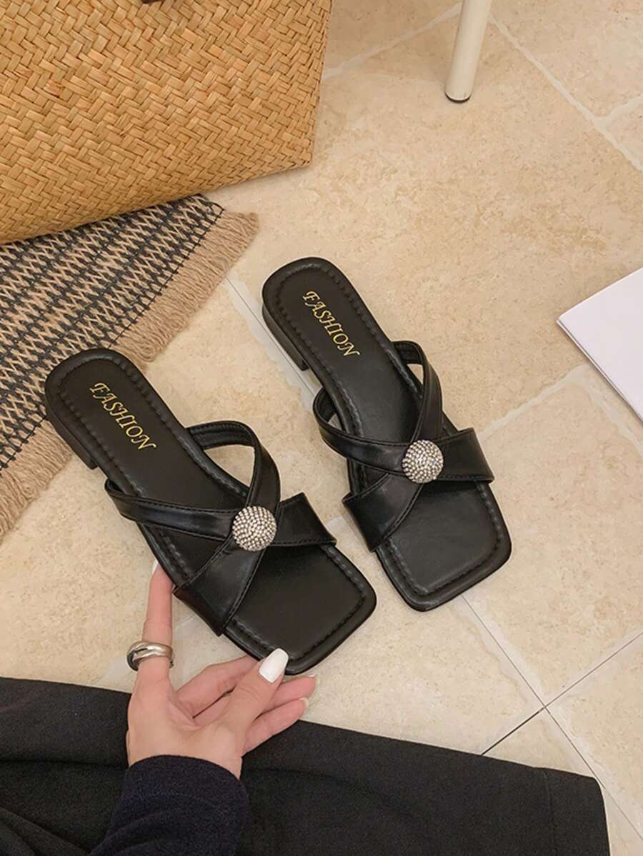 1 đôi sandal đế vuông thấp màu đen hồng dành cho nữ, kiểu dáng thanh lịch thường ngày, thoải mái, thời trang mùa xuân/hè, đa năng. - Màu be - Xem 1