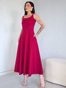 Long, Flared Dress, 100% Cotton, With Pocket And Slit. - 紅木色 - 查看 1