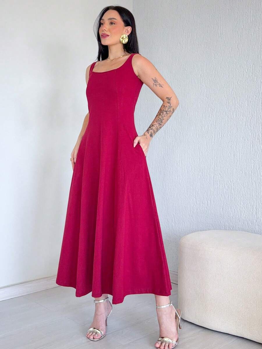 Long, Flared Dress, 100% Cotton, With Pocket And Slit. - 紅木色 - 查看 1