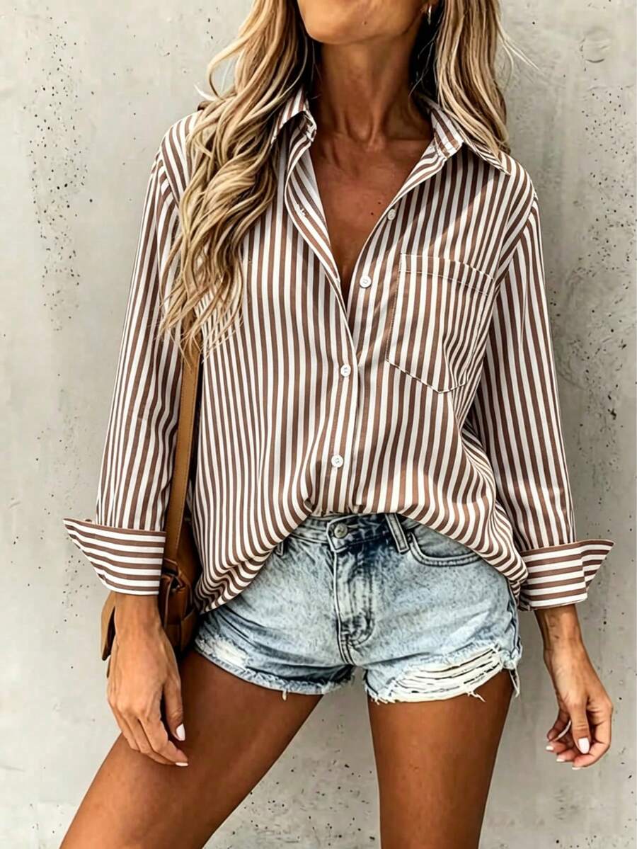 Striped Single-Breasted Chest Pocket Lapels With Rollable Loose Straight Long-Sleeved Shirts Spring And Autumn Daily Commuting Workplace Casual Tops - Coffee Brown - View 1