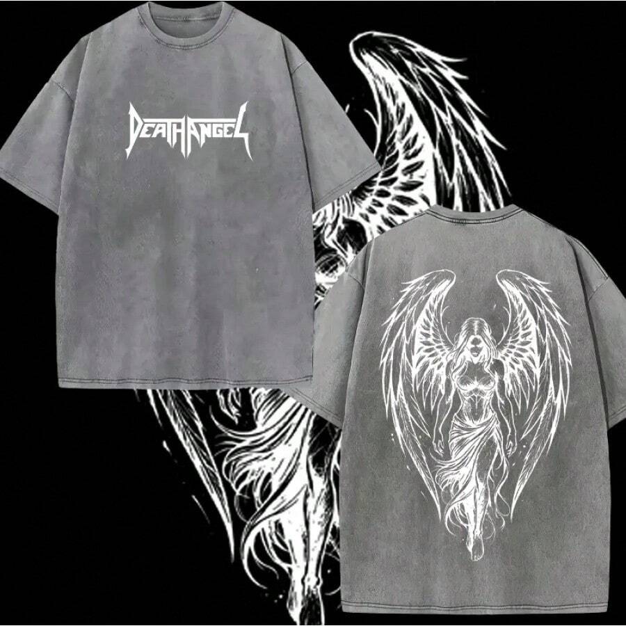 Y2K Death Angel Men's T-Shirts, Vintage Gothic Oversized T-Shirt, Fallen Dark Angel Graphic Tee, Retro Washed Streetwear Style Top, Gothic Punk Emo Grunge Outfit For Men And Women. - 淺灰色 - 查看 1