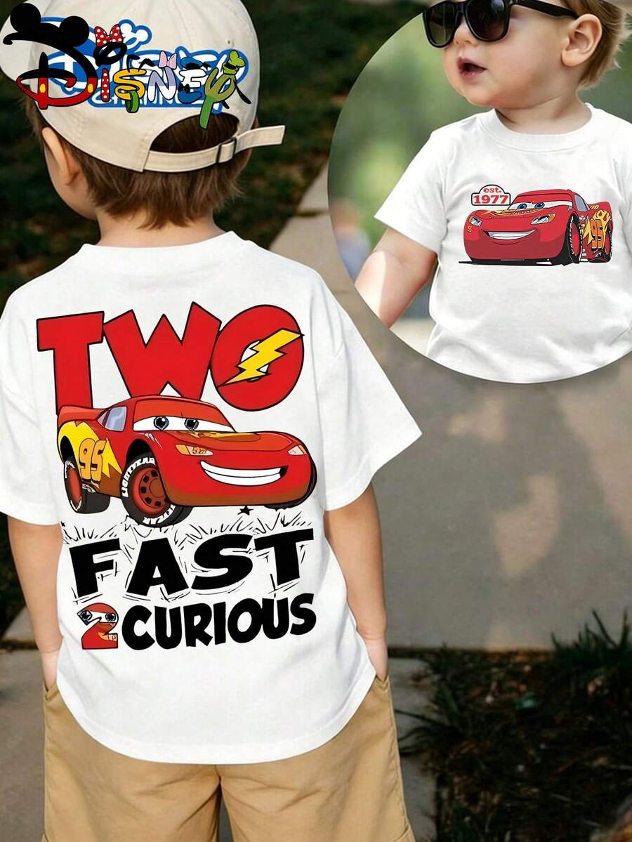 Disney Licensed Street Style Cars Lightning McQueen Art Print Kids' T-Shirt, Bold Cute Cartoon Graphic Tee With "Two Fast Two Curious" Slogan, Perfect For Everyday Wear, Casual Meetups, Themed Outings And Urban Street Style, Shipped From Local Warehouse - 白色 - 查看 1