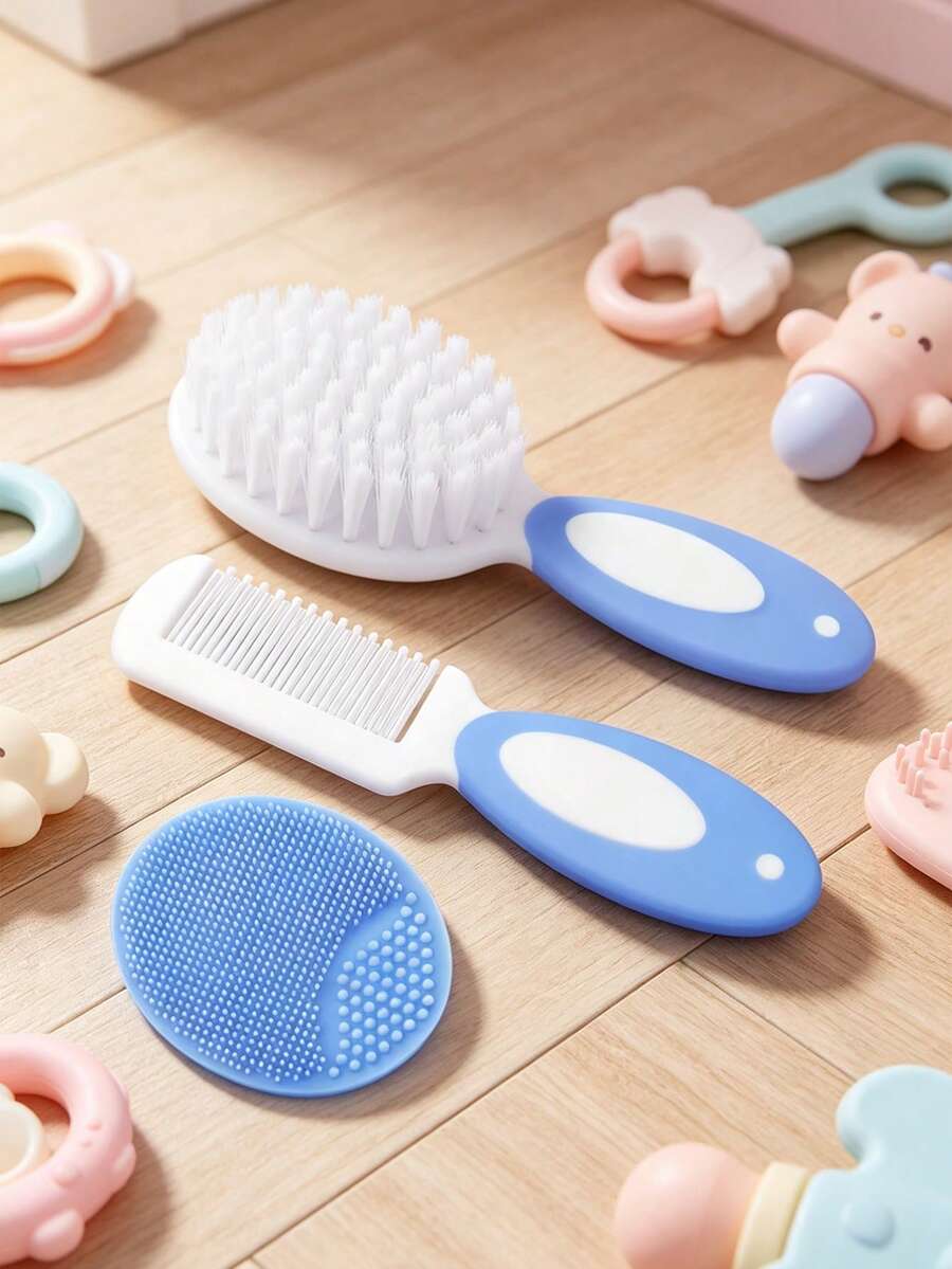 3件套婴儿洗浴护理工具，按摩刷和梳毛梳套装 - 彩色 - 查看 1