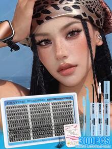 300簇D型卷高容量仿貂毛手工嫁接单簇假睫毛,10-18毫米,放大眼型,加长眼尾,立体蓬松自然柔软假睫毛,包含配套工具:胶水、封口剂、镊子、刷子,适合初学者使用,圆眼。 - 淺藍色 - 查看 5