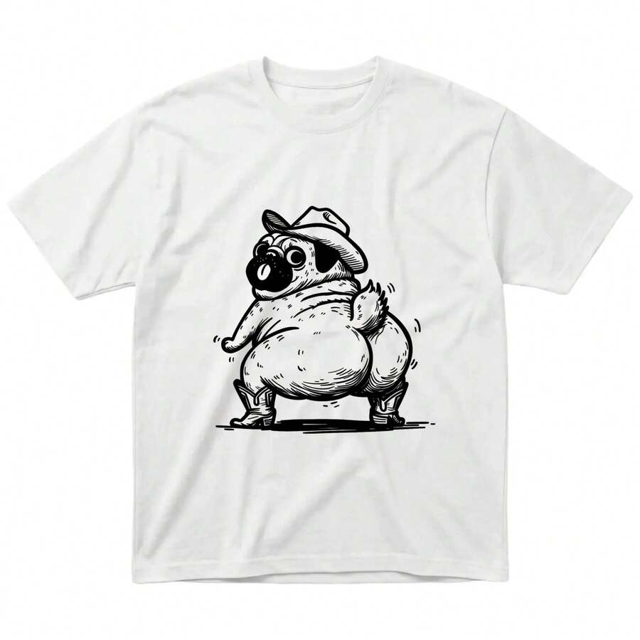 2026 Summer New Funny Cowboy Pug Thicc Graphic T-Shirt, Vintage Mineral Wash Acid Wash Tee, Retro Western Dog Lover Gift, Oversized Distressed Cotton Shirt For Men Women, Cute Pug Mom Dad Gift, Cheeky Pug Tee Casual Daily T-Shirt - WH - 查看 1