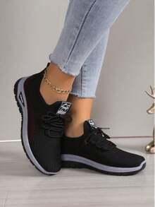 2025 Autumn Women'S Mesh Breathable Running Shoes, Soft Comfortable Flying Woven Shoes, Casual Versatile Outdoor Sneakers Mama Shoes,Running Shoes, For Walking, Shoes For Women - 黑色 - 查看 5