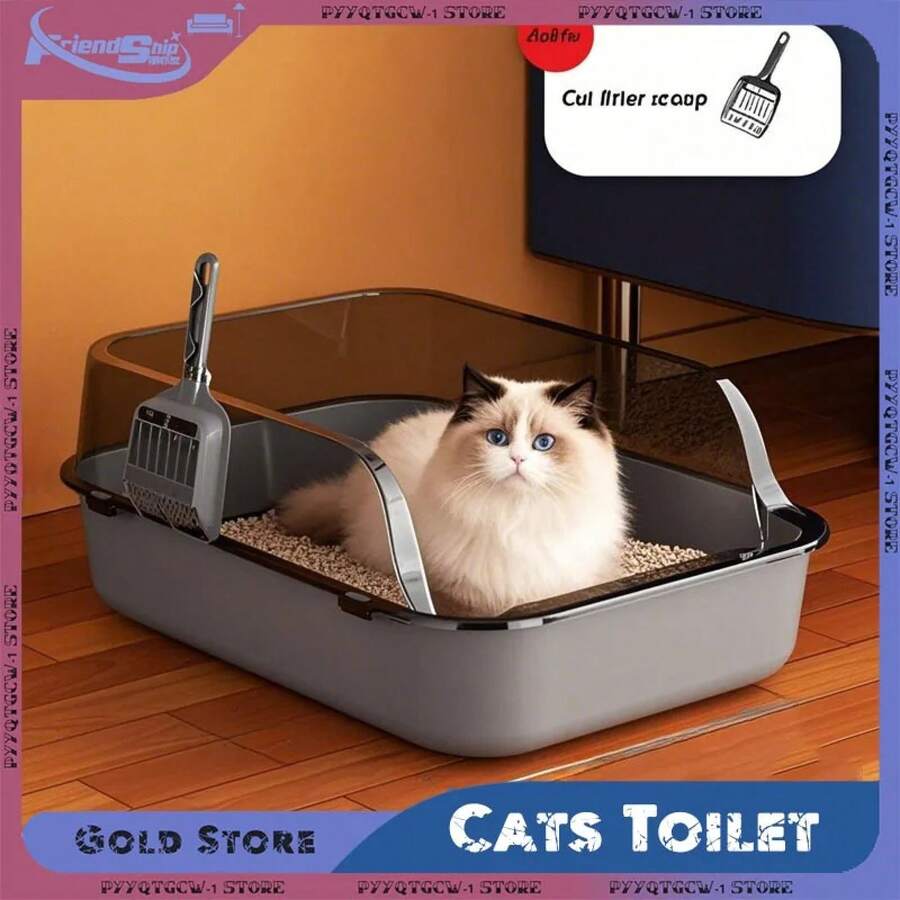 Inodoro para gatos, caja de arena para gatos, sartenes semicerradas de lado alto a prueba de salpicaduras para mascotas con cuchara para arena, caja de arena para gatitos, suministros de limpieza para gatos - Crema en polvo - Ver 1
