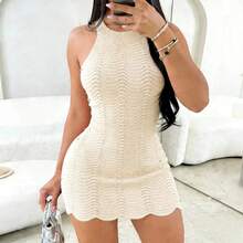 Vestido Mini Verde Transparente con Cuello Halter para Mujer, Vestido de Verano sin Mangas con Textura Ondulada, Vestido Ajustado de Punto Elástico para Fiesta de Verano - Albaricoque - Ver 5