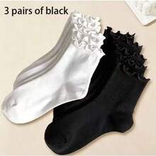 1/3/5 Pairs Women Cute Ruffle Trim Ankle Socks, Black & White Color, Polyester & Spandex Blend, Machine Washable - Multicolor - View 8