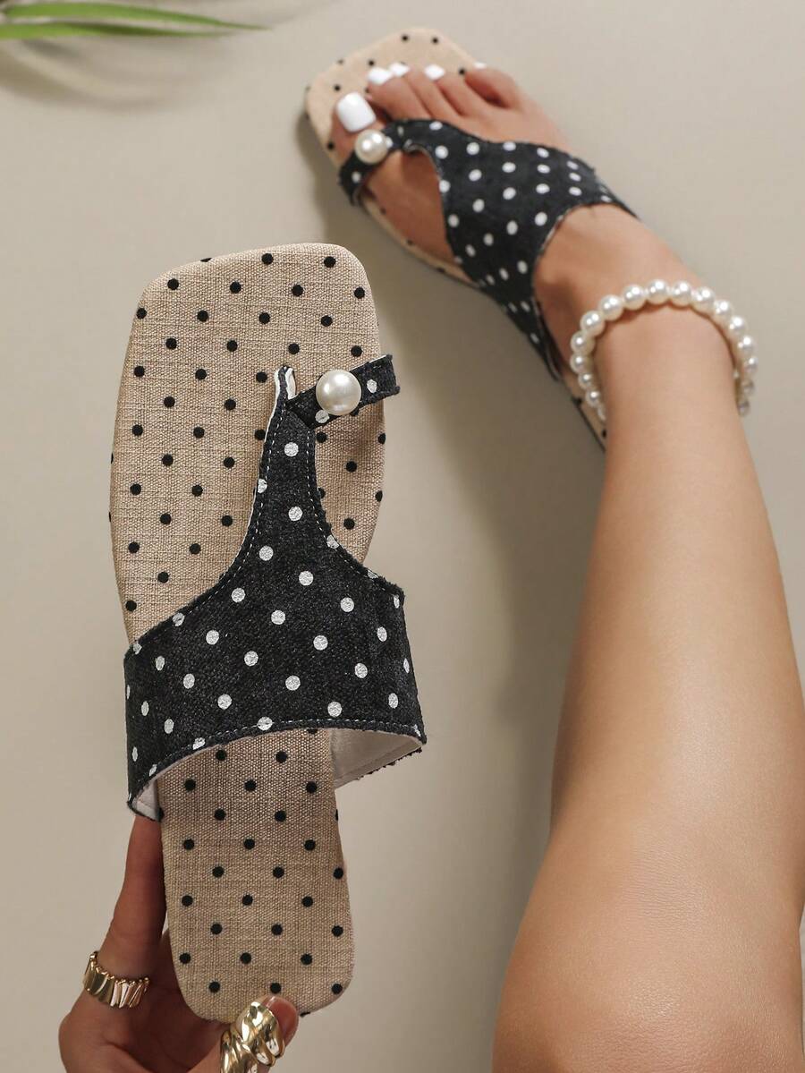 Sandalias de dedo para mujer, de lona transpirable con diseño de lunares, detalles de perlas, estructura ligera, planas y casuales para vacaciones - Negro - Ver 1