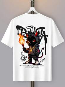 Iluminando el camino que tienes por delante, evitando que caigas al abismo. Camiseta Casual Deportiva de Estilo Urbano Y2K para Hombre con Estampado de Manga Corta de Moda que Muestra a un Pequeño Diablo Sosteniendo una Antorcha - Blanco - Ver 3