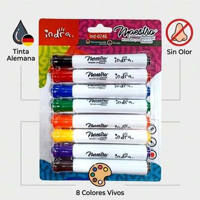 Marcadores Para Pizarron Blanco Indra Punta Cincel 8pzs Colores