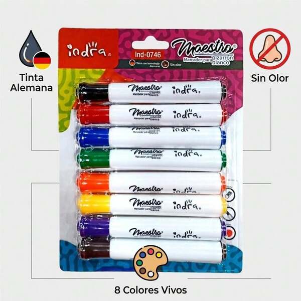 Marcadores Para Pizarron Blanco Indra Punta Cincel 8pzs Colores