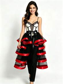 Detachable Black Tulle Midi Skirt, Asymmetrical Hem With Big Bow Decor, Suitable For Bridal Gown, Gothic Style Performance Outfit - Red - View 1