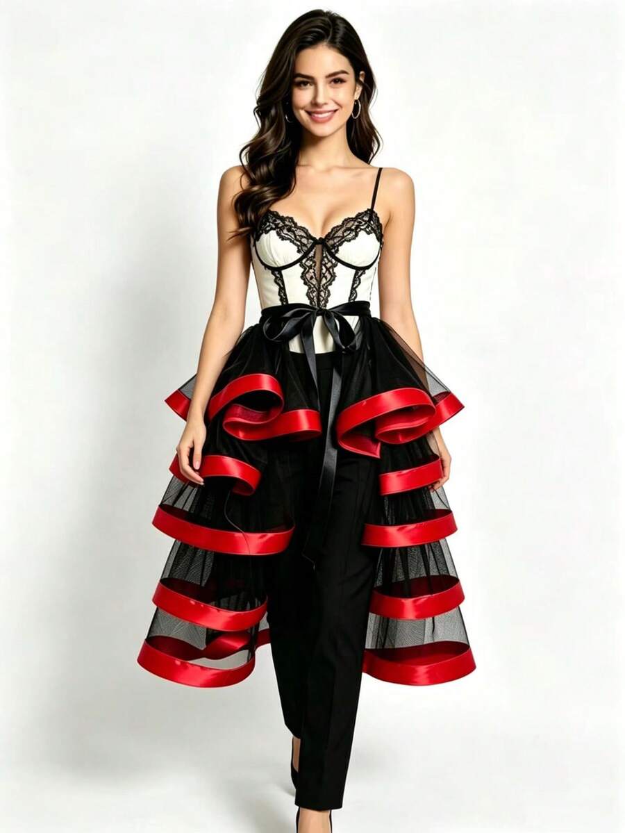 Detachable Black Tulle Midi Skirt, Asymmetrical Hem With Big Bow Decor, Suitable For Bridal Gown, Gothic Style Performance Outfit - Red - View 1