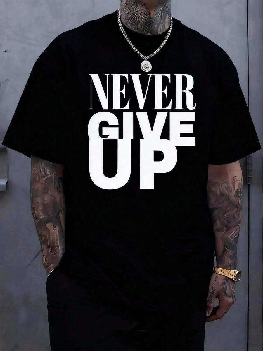 Men's T-Shirt With "Never Give Up" Pattern - Cotton, Soft And Comfortable, Black Letter Print On Red, Casual Summer Outdoor T-Shirt, Perfect Gift For Men, Machine Washable - Black - View 1