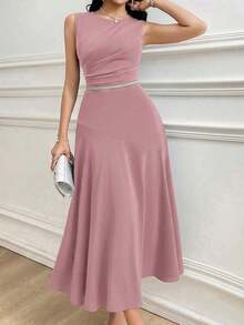 Vestido largo sin mangas de unicolor que ciñe la cintura para mujer - Rosa vieja - Ver 1