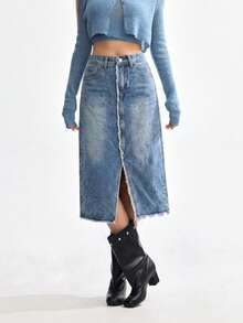 Gonna di jeans mini casual in denim tinta unita, lavaggio chiaro, orlo sfrangiato, stile di strada, adatta per uso quotidiano in primavera/estate - Blu - Visualizzare 2