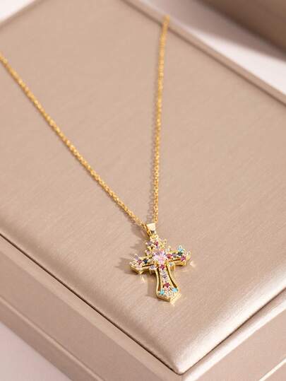 1pc Luxury Women's Necklace, Copper Inlaid Colorful Zirconia Pendant (Zirconia Color & Arrangement Random), Stainless Steel Chain Suitable For Daily Wear, Gift For Friends, Family, Bestie (Note: Due To Different Production Batches, There May Be Some Color Differences; Also, Due To Lighting And Shooting Angles, The Actual Product May Have Slight Color Differences From The Image.)