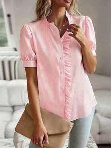 Women's Fashionable Versatile Ruffle Button Short Sleeve Blouse Summer - Coral Pink - View 2