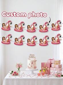 7/14/21pc Custom Photo Flamingo Pool Float Party Banner, Personalized Tropical Summer Face Garland, Custom Flamingo Bunting, Beach/Pool Birthday Decor, Unique Flamingo Float Themed Party Banner, Customizable Summer Pool Party Decoration - Multicolor - View 1