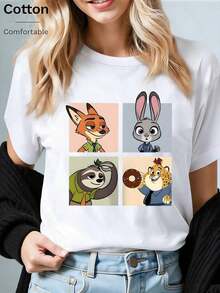 Disney Loose Fit Zootopia Four Panel Cartoon Printed T-Shirt Featuring Nick, Judy, Lightning, And Leopard  Officers, Suitable For Summer And Spring, Short Sleeved Tops, Women's Clothing, Holiday Gift Party Costumes.--Disneys Disneyland Paris The Magic Kingdom Disneyesque The House Of Mouse Mickey Mouse Empire Modest Summer Outfits Take That T Shirt Summer Coord Tops For Women Summer Summer Clothes Women Summer Clothes Summer Tops Summer Tops Women Summer Co Ord Summer Top Summer Outfits White Top Black Top Holiday Outfits For Women  Tops For Women Summer Holiday Gifts Valentine's Day Gifts Earth Day Gifts Oktoberfest Gifts Summer Bank Holiday Gifts - trắng - Xem 1